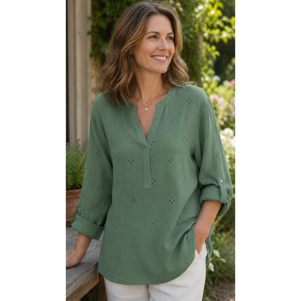 King Universal Tunic Top 100% Cotton Eyelet Green Womens XL Roll Tab Sleeve